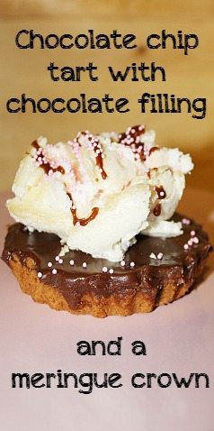 chocolate chip tart with chocolate filling and a meringue crown